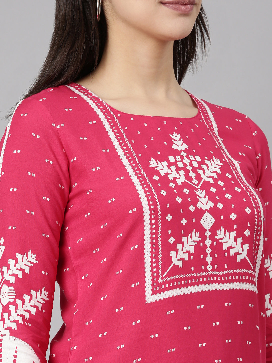 Neerus Pink printed floral suit set straight kurta with trouser and dupatta - detail view 1