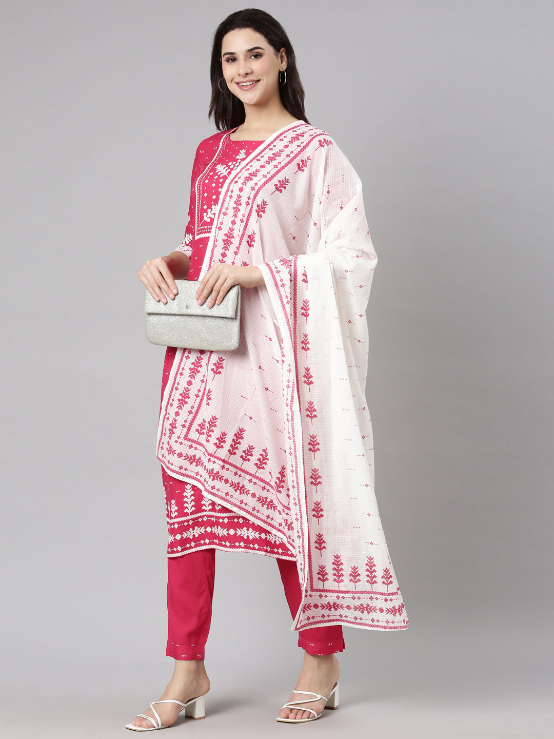 Neerus Pink printed floral suit set straight kurta with trouser and dupatta - detail view 2