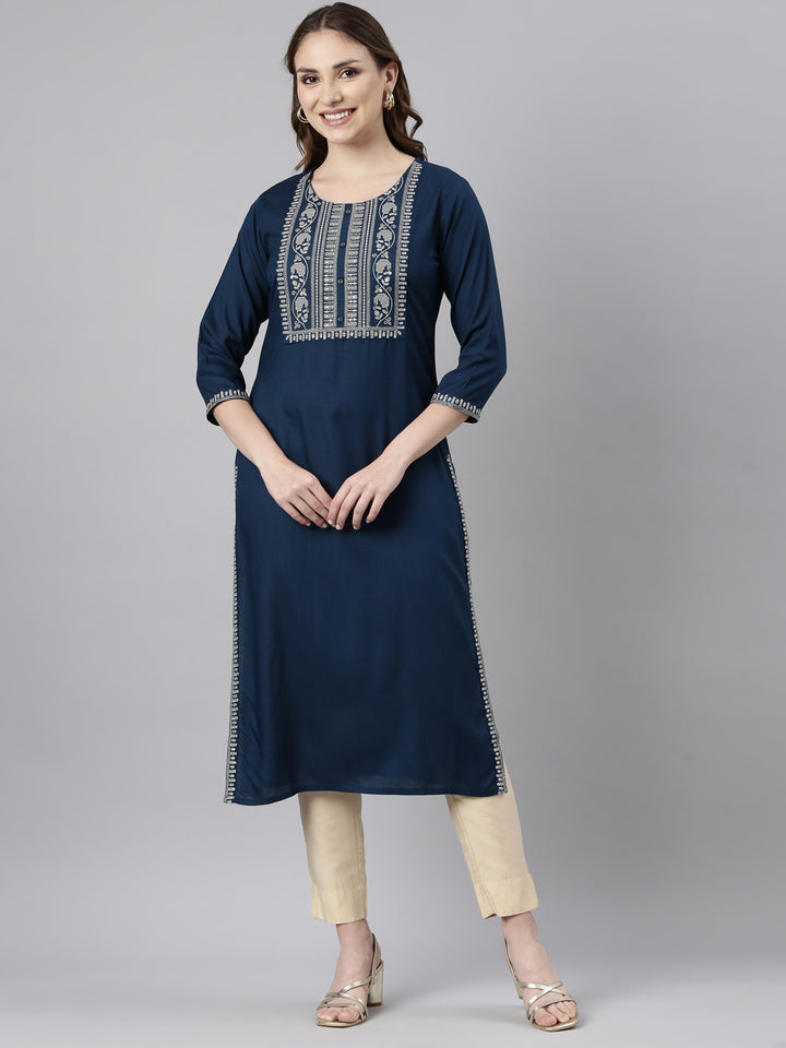 Neerus Blue solid straight panelled kurta - front view
