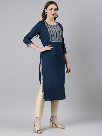 Neerus Blue Panelled Straight Solid Kurtas