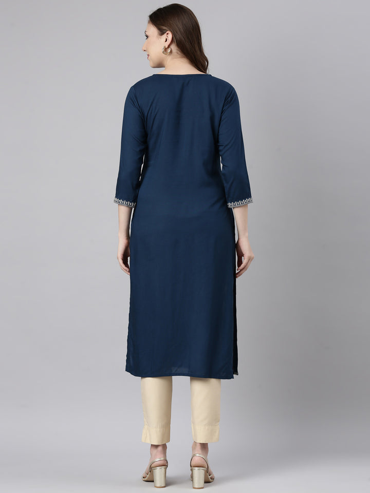 Neerus Blue solid straight panelled kurta - side view