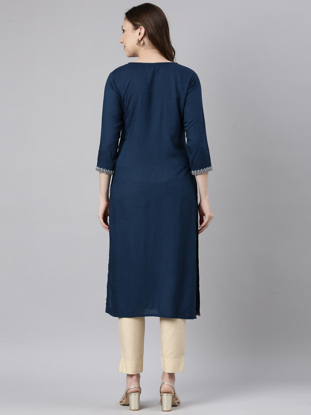 Neerus Blue Panelled Straight Solid Kurtas