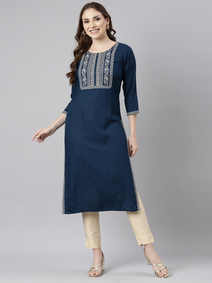 Neerus Blue solid straight panelled kurta - detail view 1