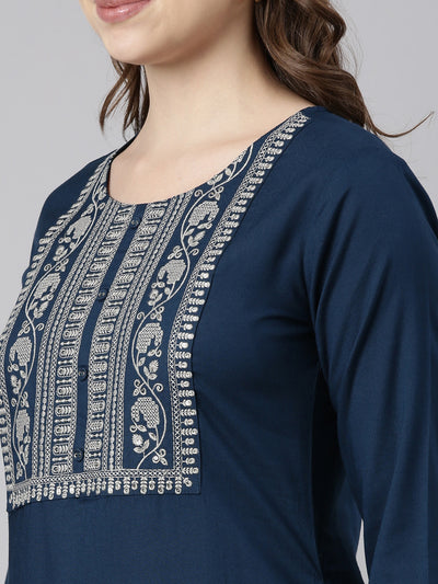 Neerus Blue Panelled Straight Solid Kurtas