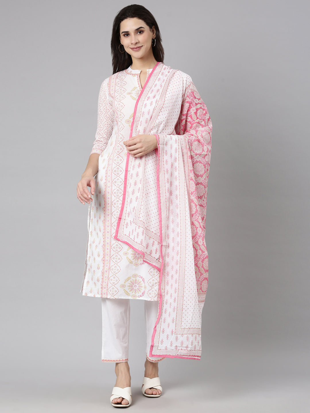 Neerus Pink cotton printed floral suit set - front view