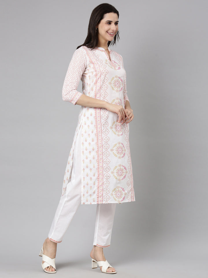 Neerus Pink cotton printed floral suit set - back view