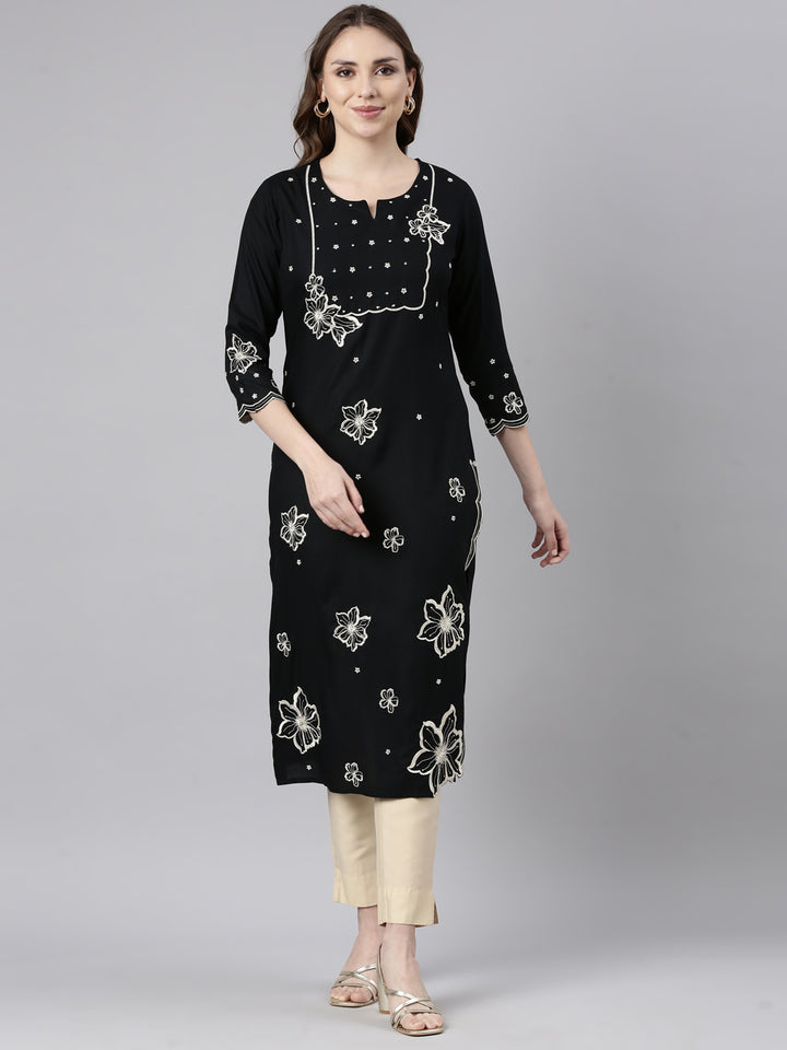 Neerus Black Panelled Straight Floral Kurtas