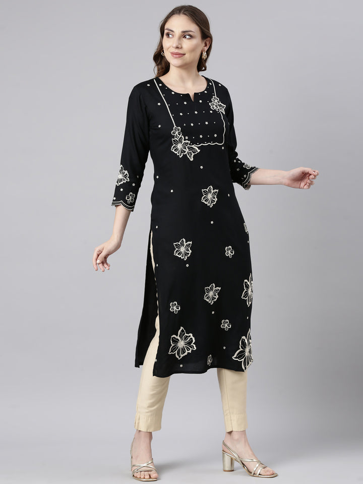 Neerus Black Panelled Straight Floral Kurtas