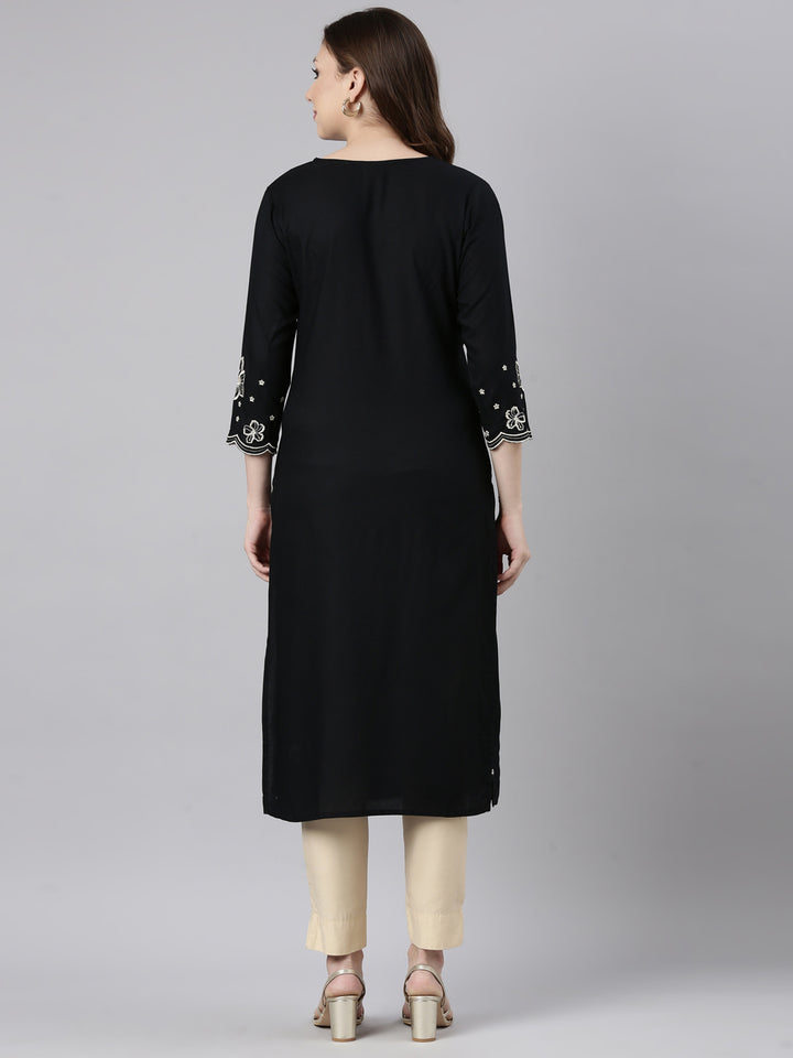 Neerus Black Panelled Straight Floral Kurtas