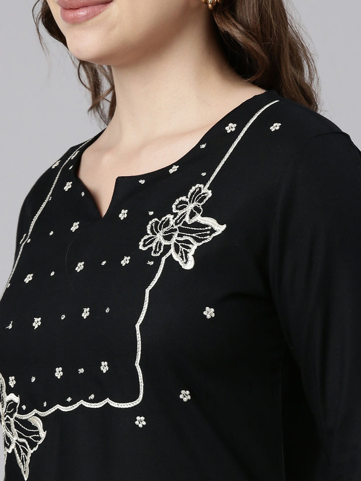 Neerus Black Panelled Straight Floral Kurtas
