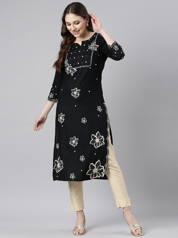 Neerus Black Panelled Straight Floral Kurtas