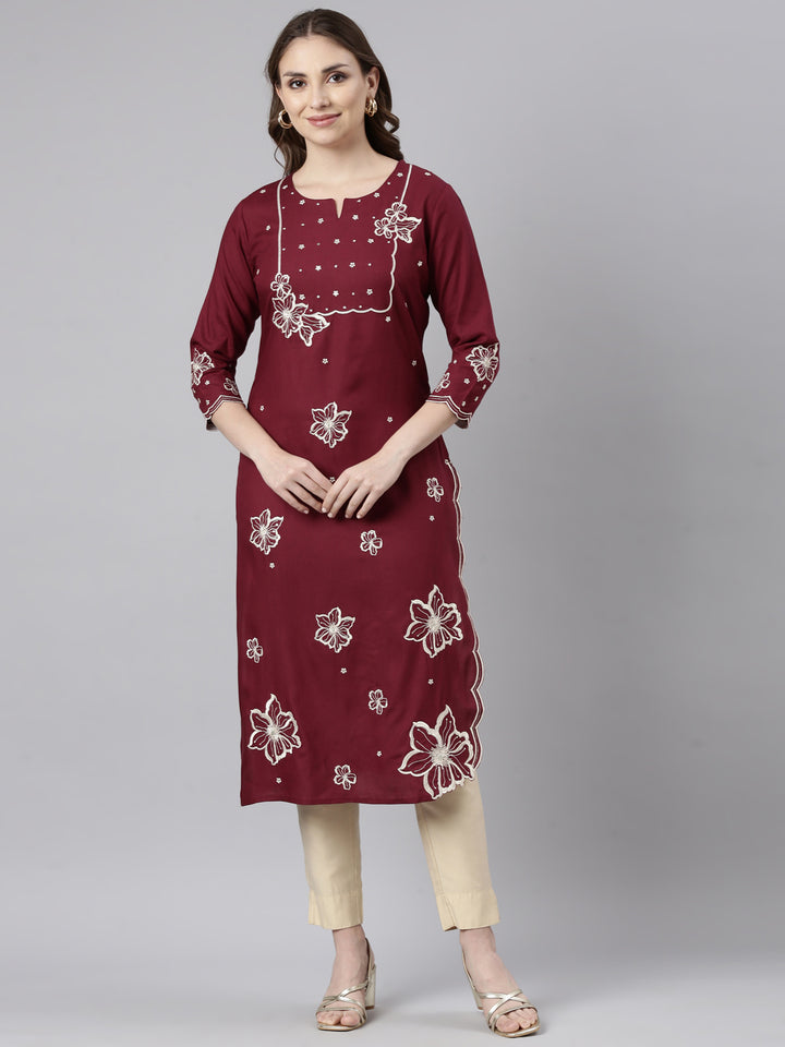 Neerus Maroon Panelled Straight Floral Kurtas