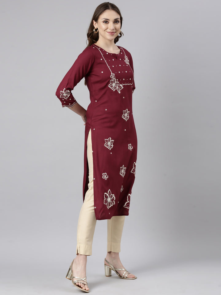 Neerus Maroon Panelled Straight Floral Kurtas