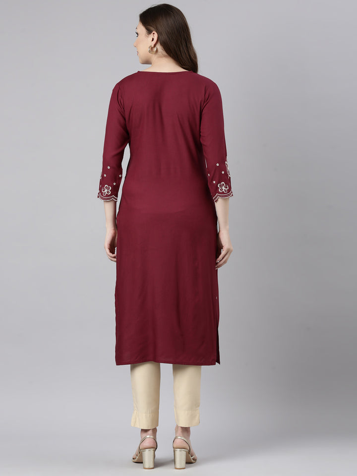 Neerus Maroon Panelled Straight Floral Kurtas
