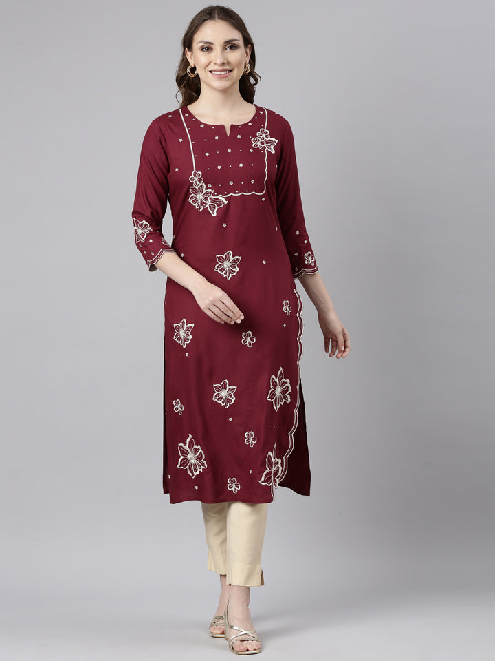 Neerus Maroon Panelled Straight Floral Kurtas