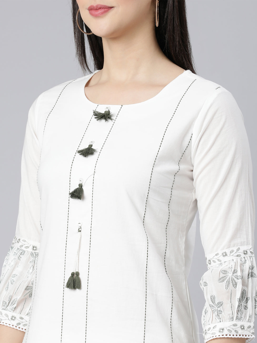 Neerus Green printed straight suit set kurta trouser dupatta - detail view 2