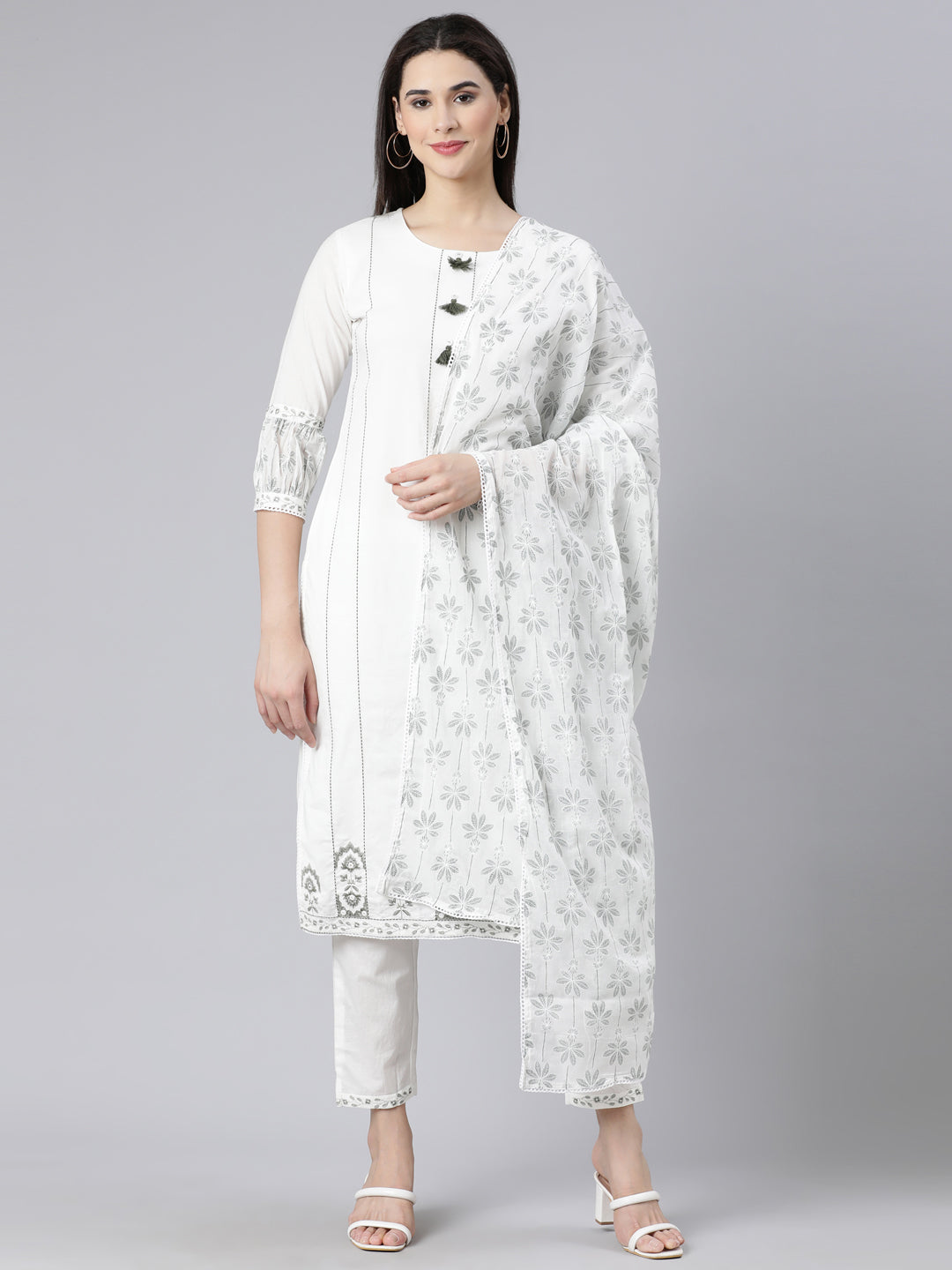 Neerus Green printed straight suit set kurta trouser dupatta - front view