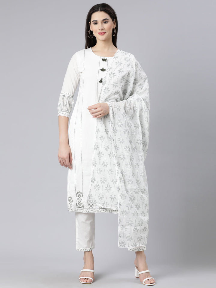 Neerus Green printed straight suit set kurta trouser dupatta - front view