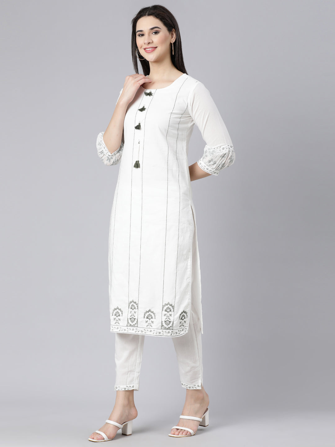 Neerus Green printed straight suit set kurta trouser dupatta - back view