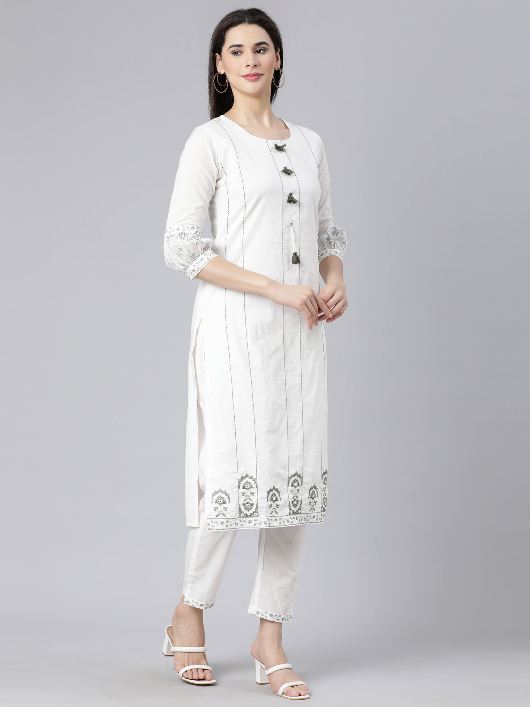 Neerus Green printed straight suit set kurta trouser dupatta - side view