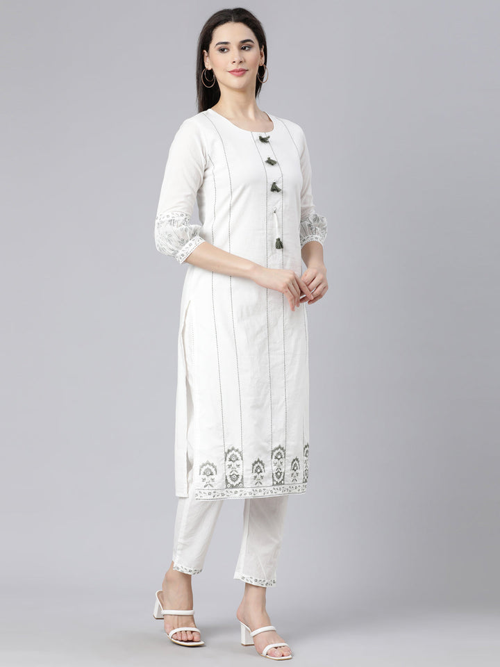 Neerus Green printed straight suit set kurta trouser dupatta - side view