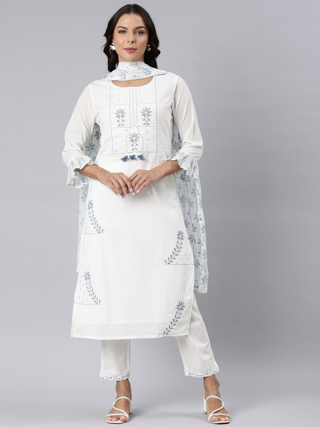 Neerus Blue printed straight suit set - front view