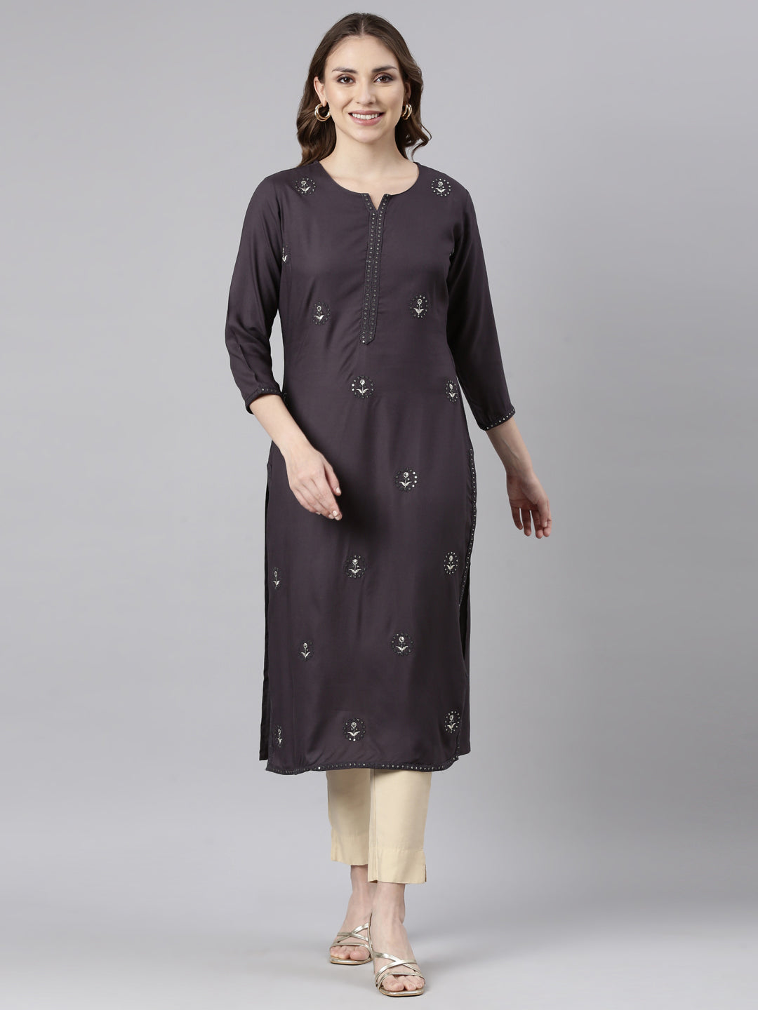 Neerus Grey printed floral straight kurti - front view