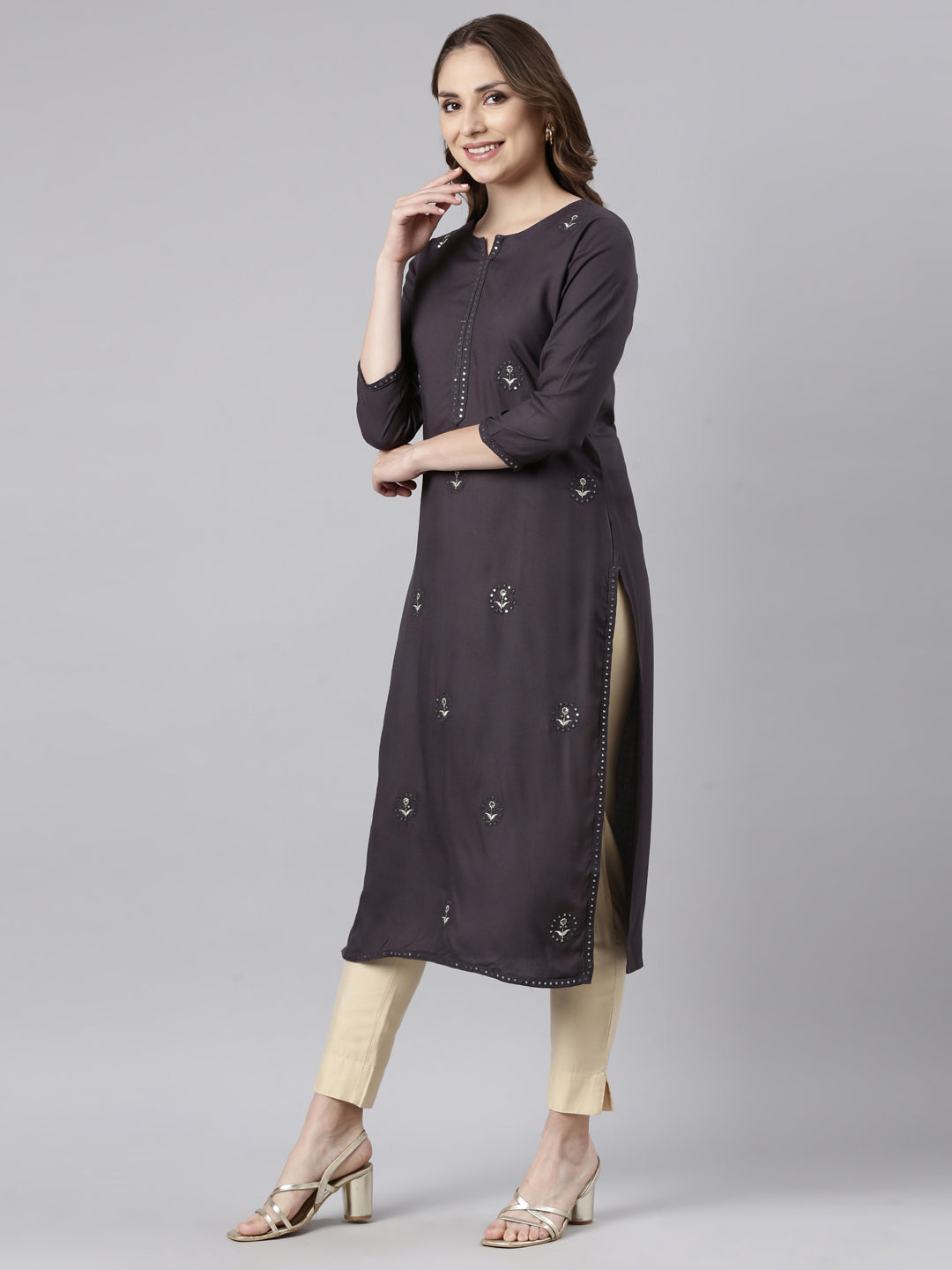 Neerus Grey printed floral straight kurti - back view