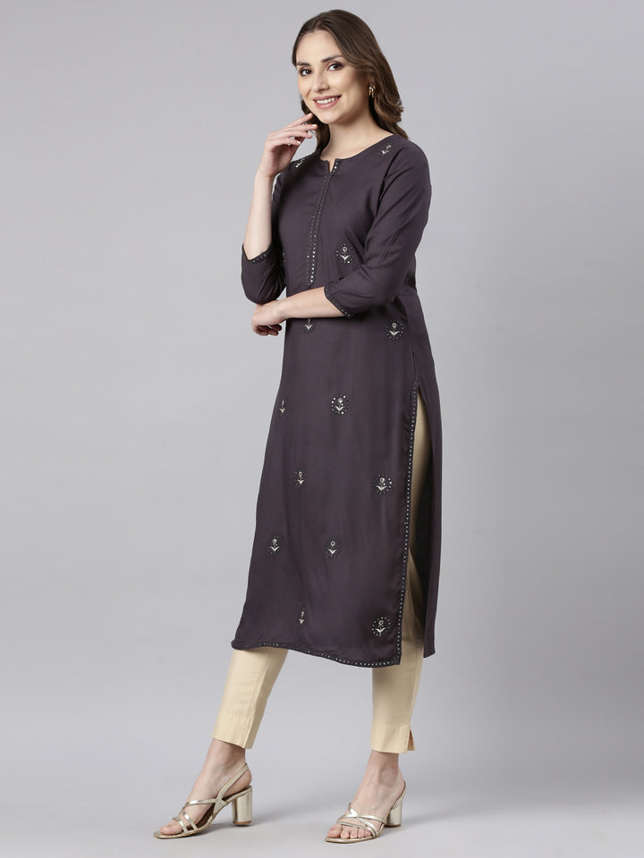 Neerus Grey printed floral straight kurti - back view