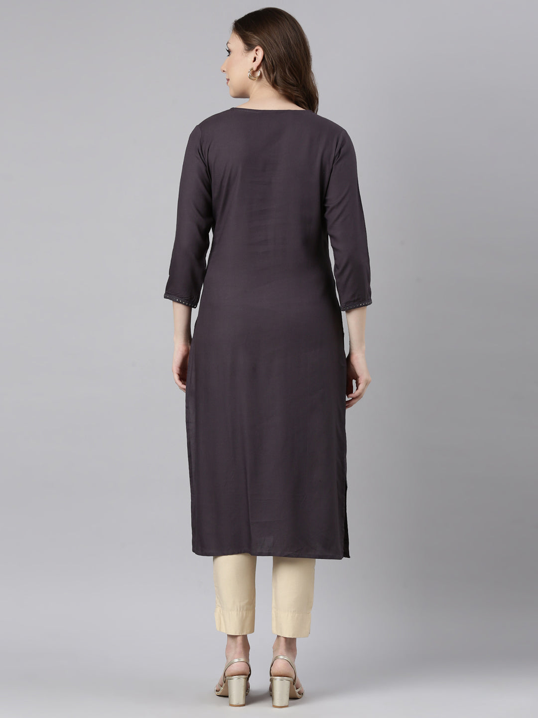 Neerus Grey printed floral straight kurti - side view