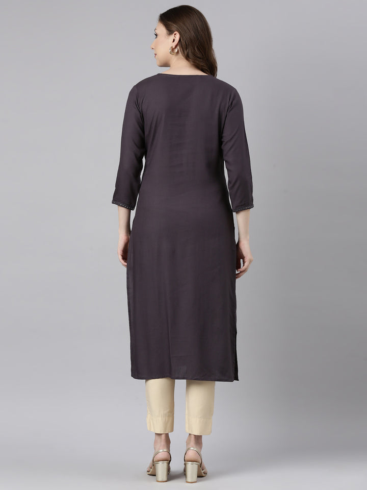 Neerus Grey printed floral straight kurti - side view