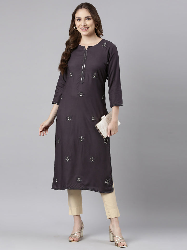 Neerus Grey printed floral straight kurti - detail view 2