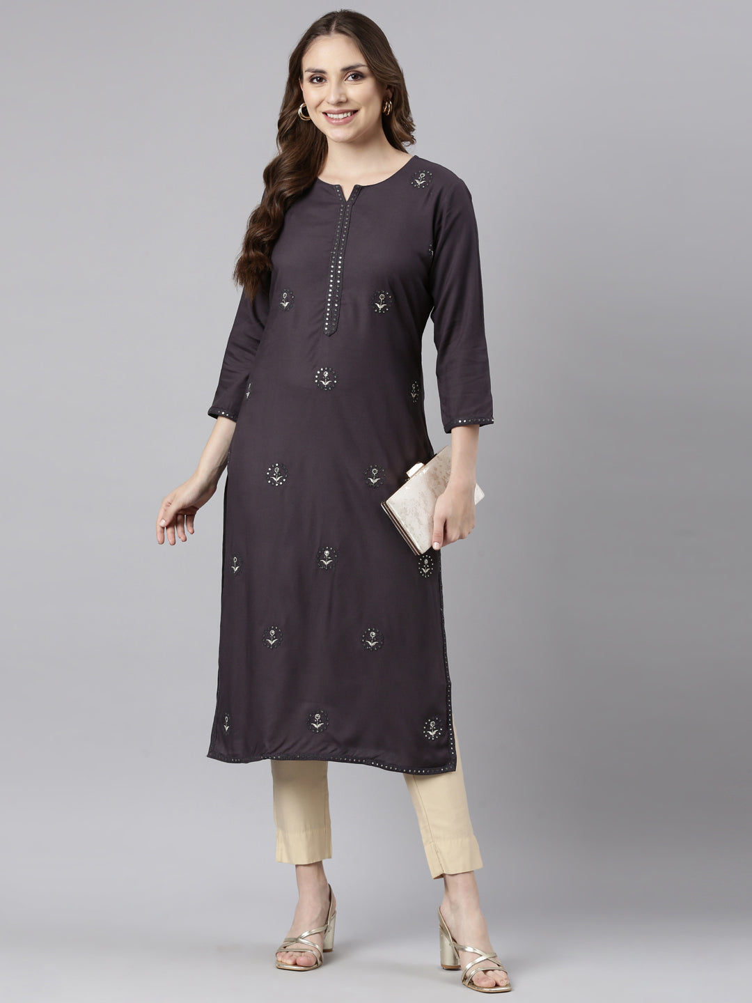 Neerus Grey Regular Straight Floral Kurtas