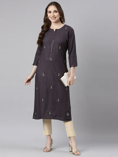 Neerus Grey Regular Straight Floral Kurtas