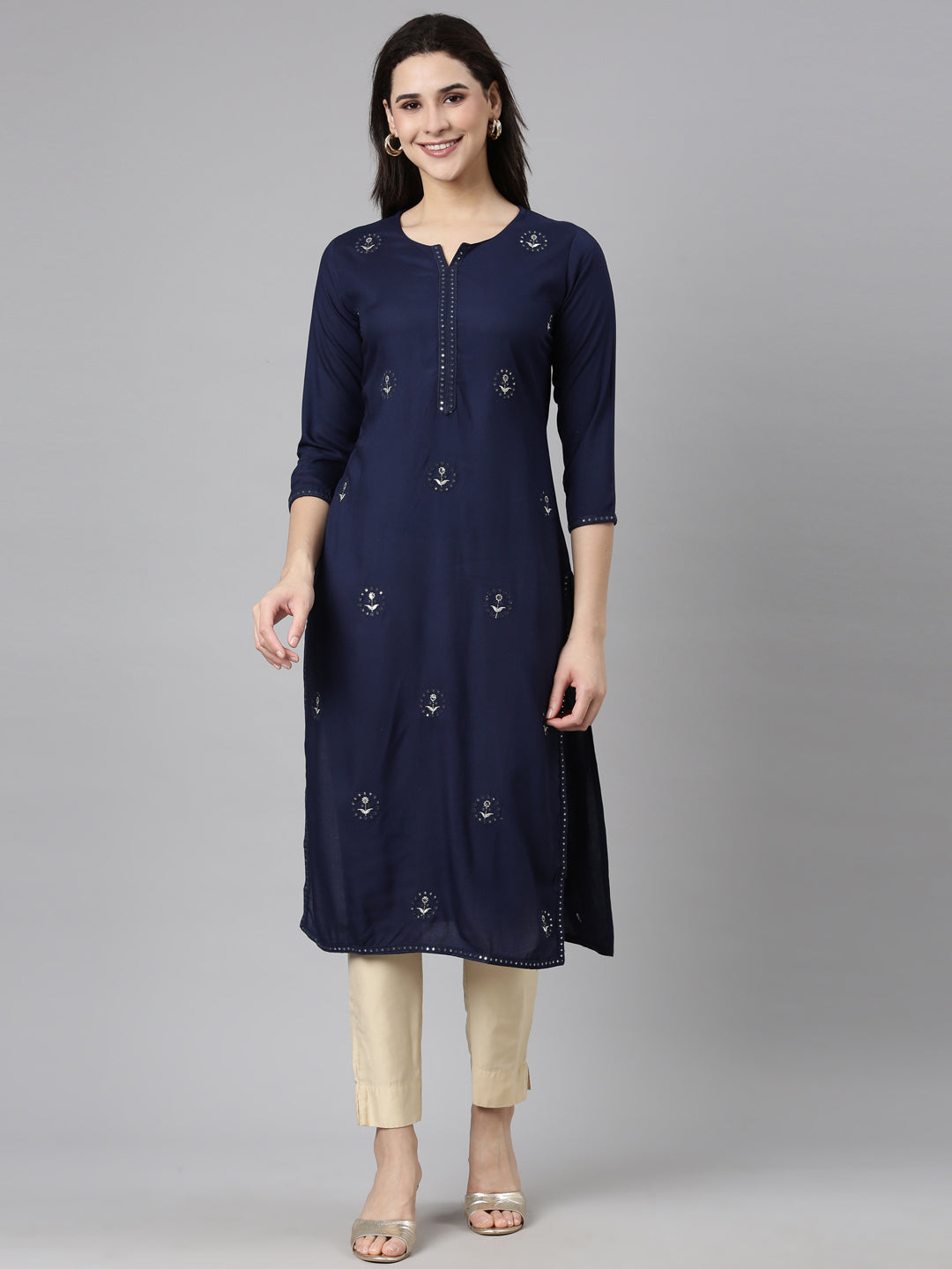 Neerus Blue slub cotton printed straight kurti - front view