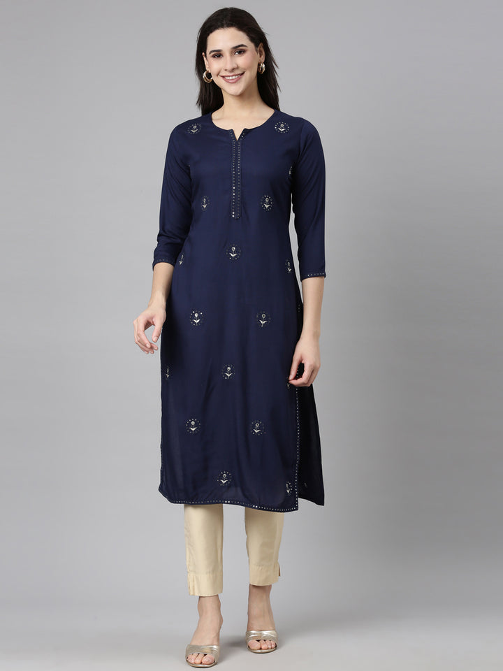 Neerus Blue slub cotton printed straight kurti - front view