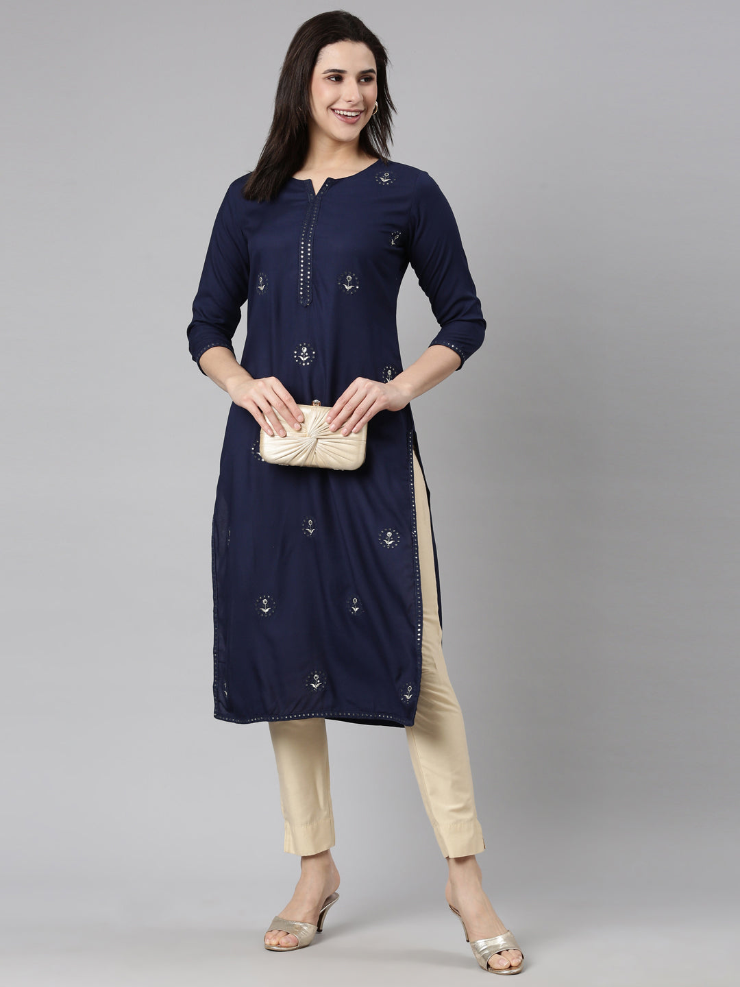 Neerus Blue slub cotton printed straight kurti - detail view 1