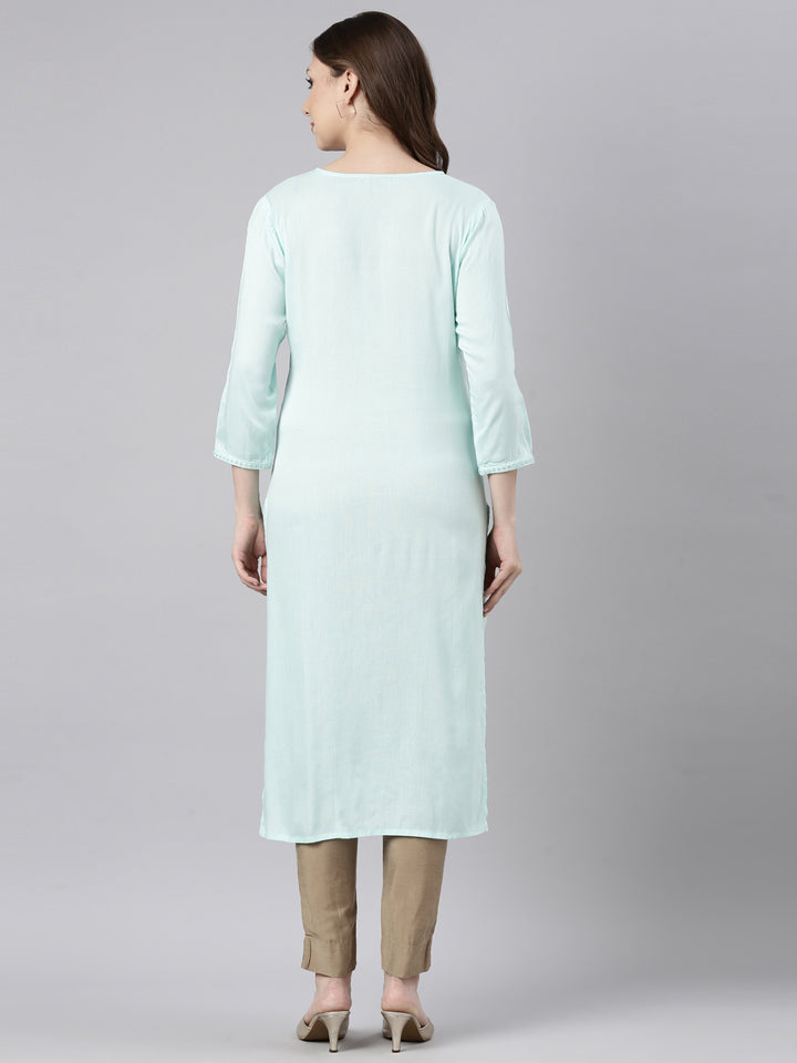 Neerus Sea Green Regular Straight Floral Kurtas