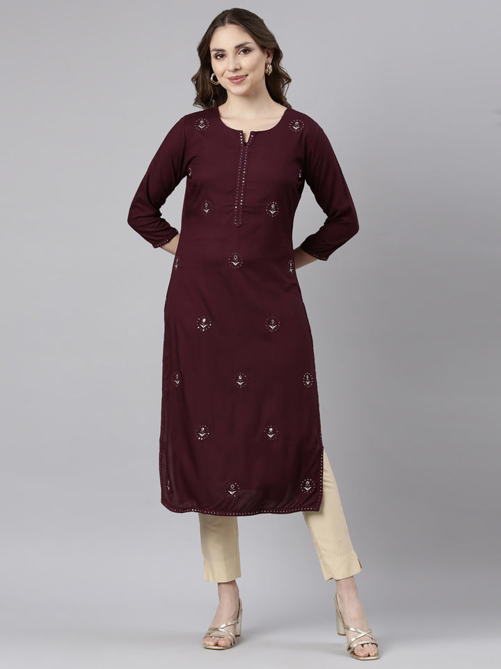 Neerus Purple floral printed straight kurti - front view