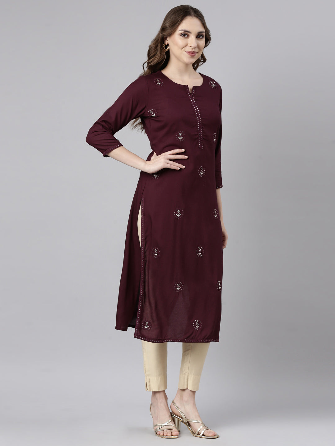 Neerus Purple floral printed straight kurti - back view