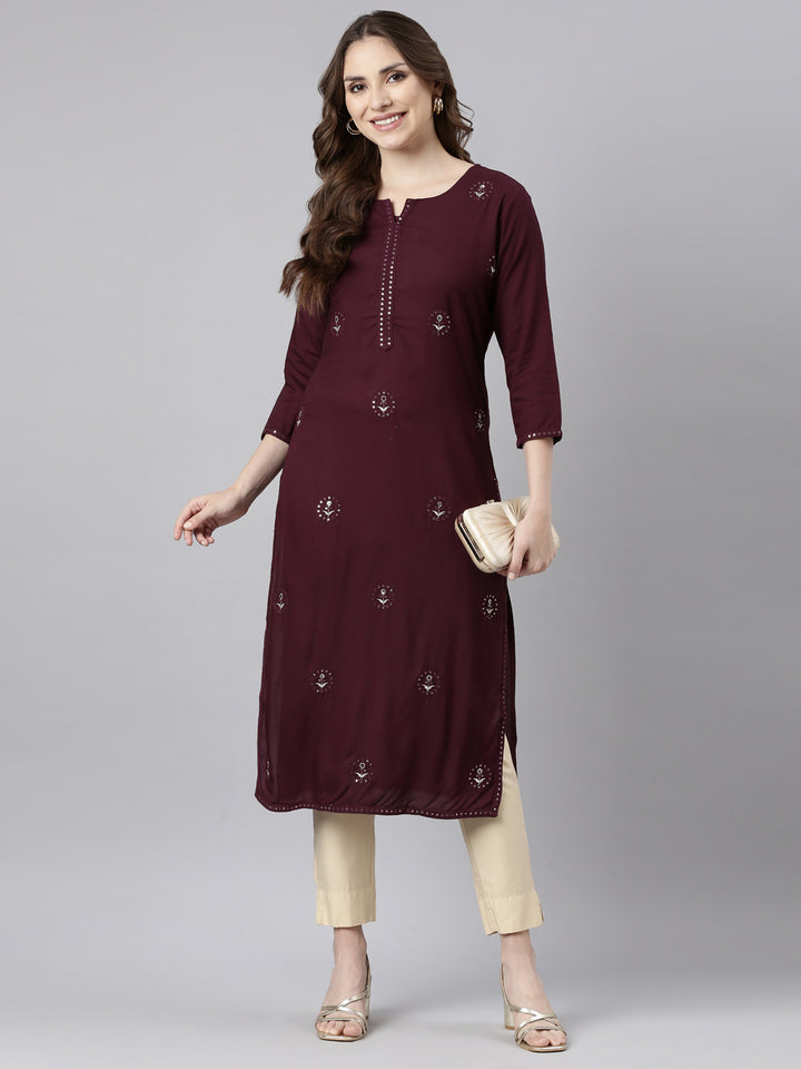 Neerus Purple floral printed straight kurti - detail view 2