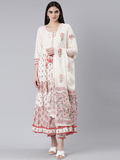 Neeru's Orange Pleated Flared Printed Kurta And Trousers With Dupatta