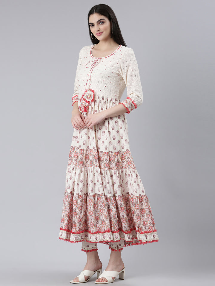 Neerus Orange Pleated Flared Printed Kurta And Trousers With Dupatta