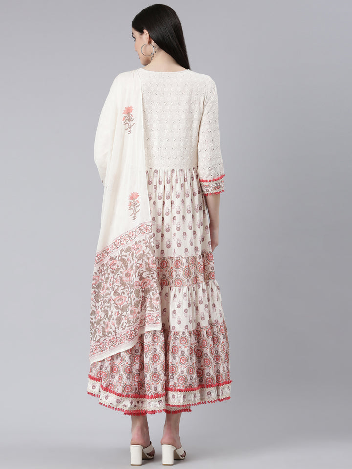 Neerus Orange Pleated Flared Printed Kurta And Trousers With Dupatta