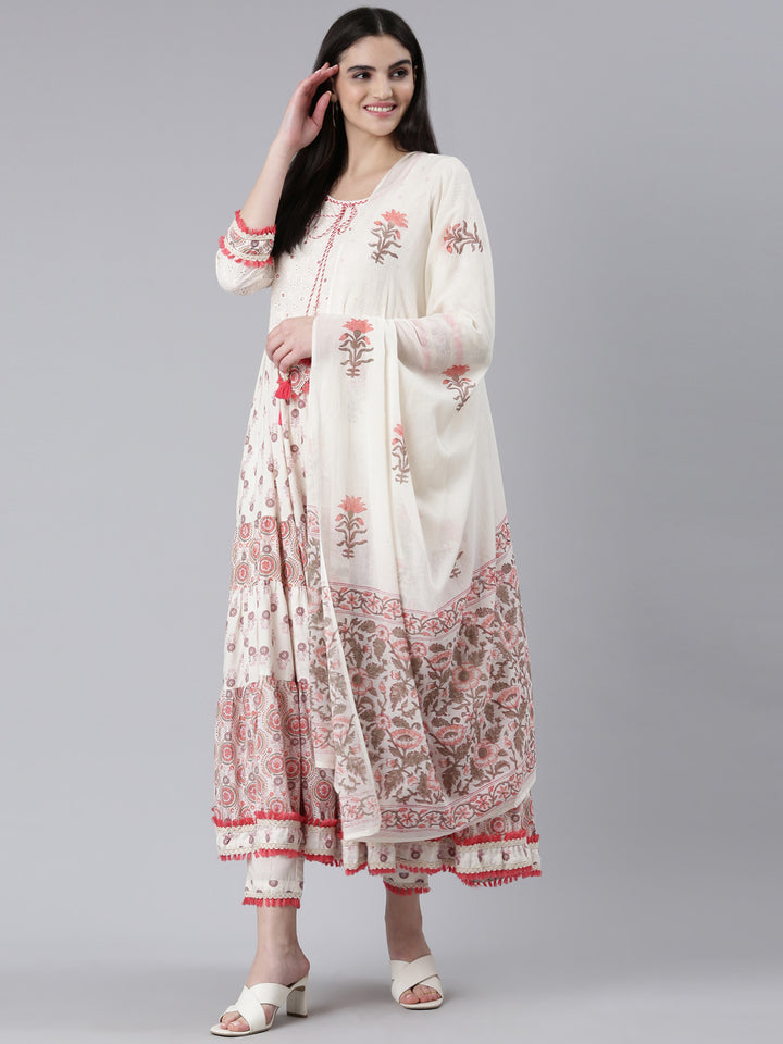 Neerus Orange Pleated Flared Printed Kurta And Trousers With Dupatta