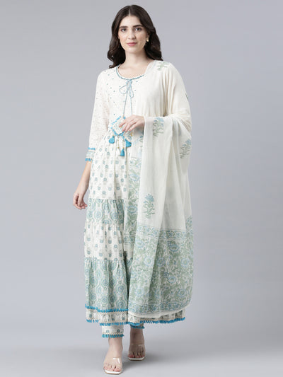 Neerus Green Pleated Flared Printed Kurta And Trousers With Dupatta
