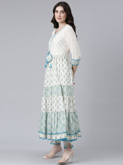 Neerus Green Pleated Flared Printed Kurta And Trousers With Dupatta
