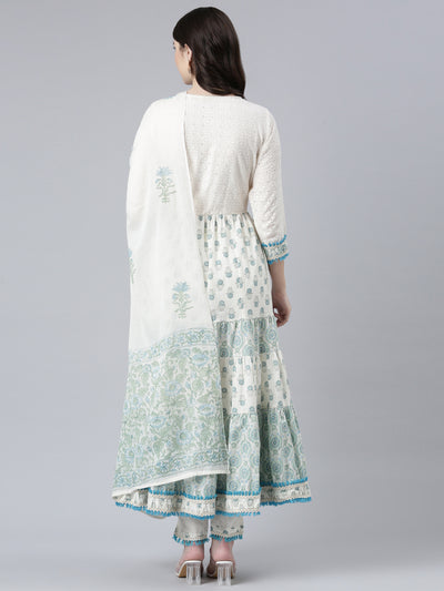 Neerus Green Pleated Flared Printed Kurta And Trousers With Dupatta