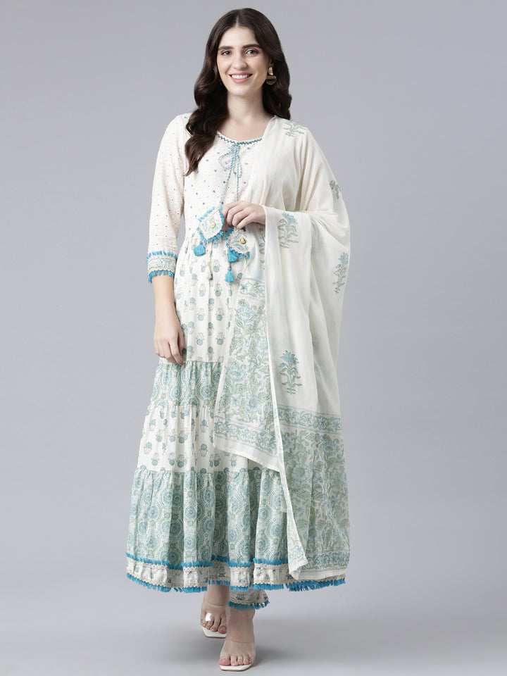 Neerus Green Pleated Flared Printed Readymade suits