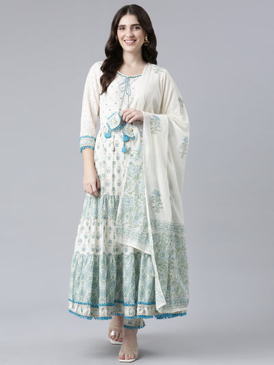 Neerus Green Pleated Flared Printed Kurta And Trousers With Dupatta